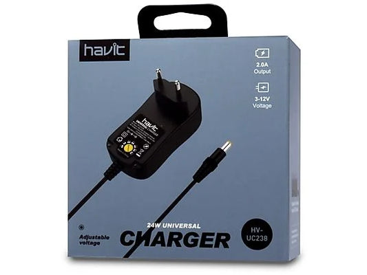 CARGADOR UNIVERSAL 1A 6 PUNTAS 5-12 VOLTIOS 2 AMPERIOS, Negro