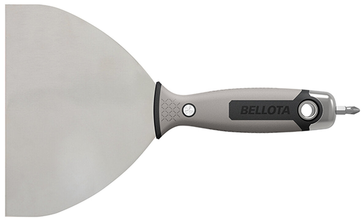 ESPÁTULA DE ACERO INOXIDABLE CON MANGO BIMATERIAL Y PUNTA PARA TRABAJOS DE REJUNTEO Y REMATES EN PLACA BELLOTA