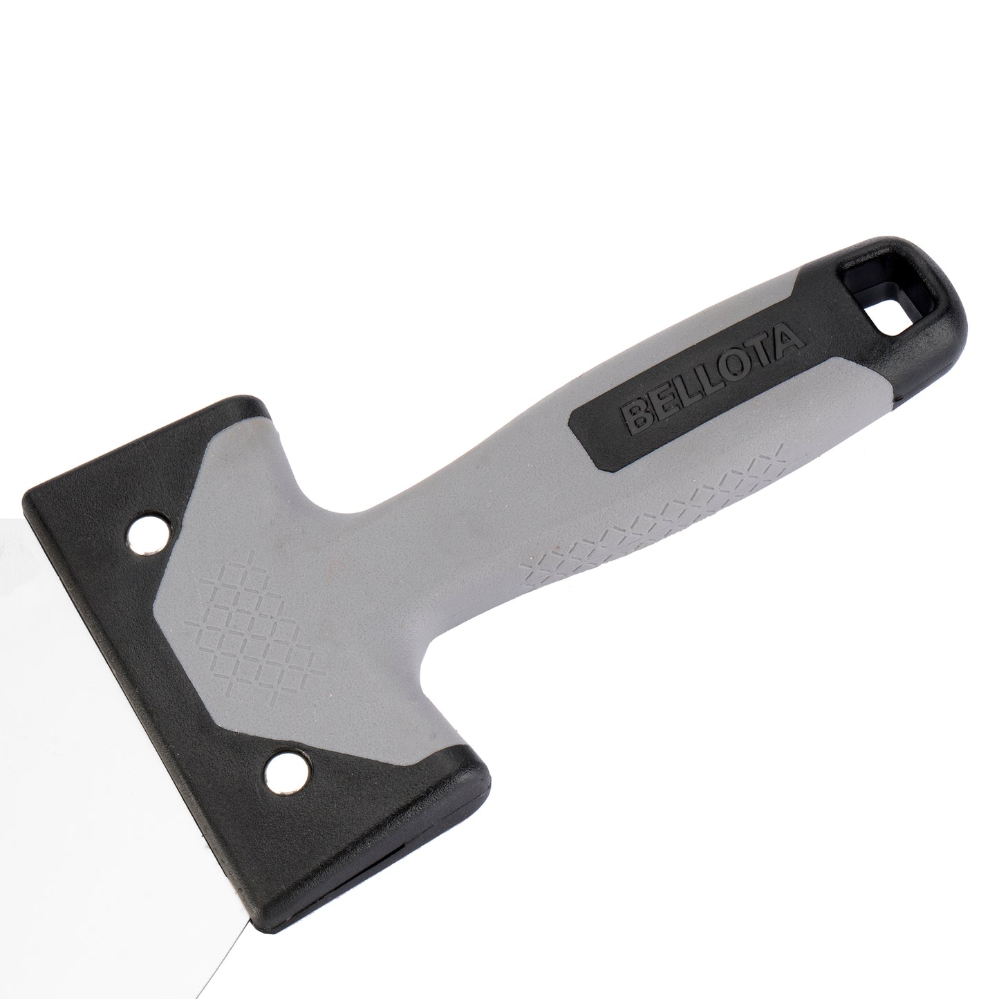 ESPÁTULA AMERICANA DE ACERO INOXIDABLE CON MANGO BIMATERIAL PARA TRABAJOS DE REJUNTEO Y REMATES EN PLACA BELLOTA