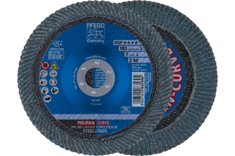 PFERD Disco de láminas lijadoras POLIFAN corindón de circonio G40 SGP CURVE STEELOX