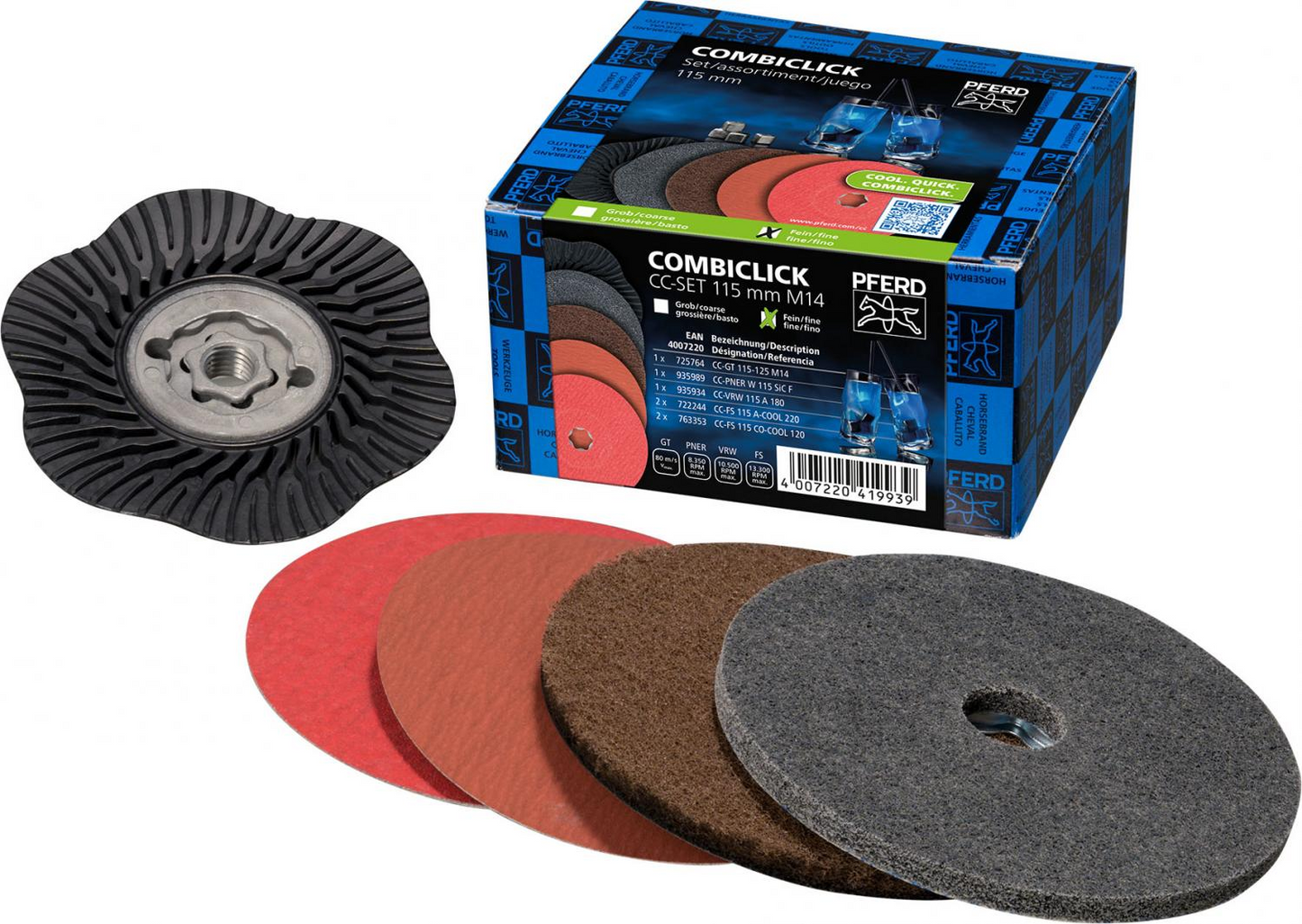 PEFERD, Juego COMBICLICK de 7 piezas Ø 115 mm M14, LIJADO FINO,PULIDO