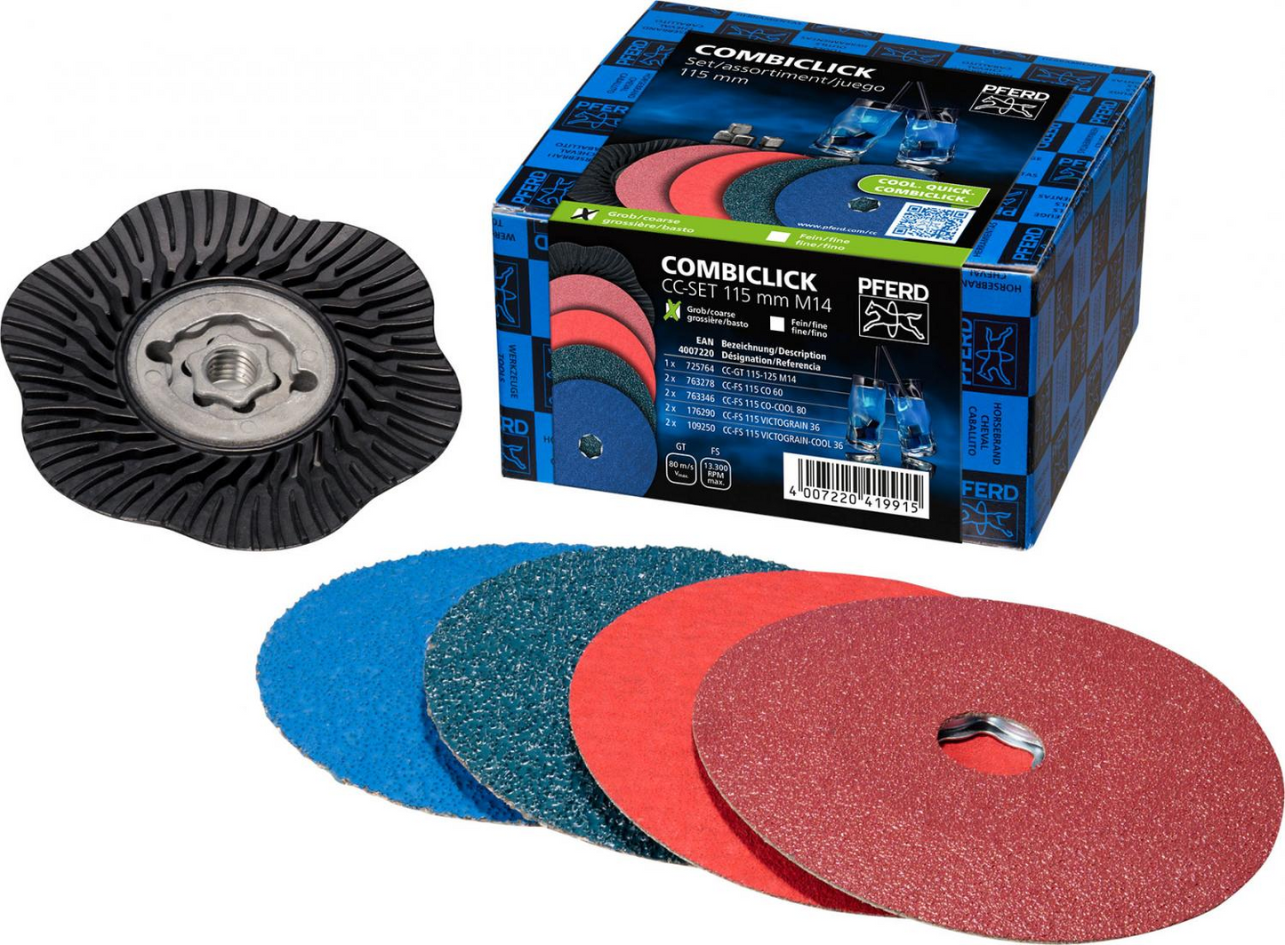 PEFERD, Juego COMBICLICK de 7 piezas Ø 115 mm M14, LIJADO BASTO