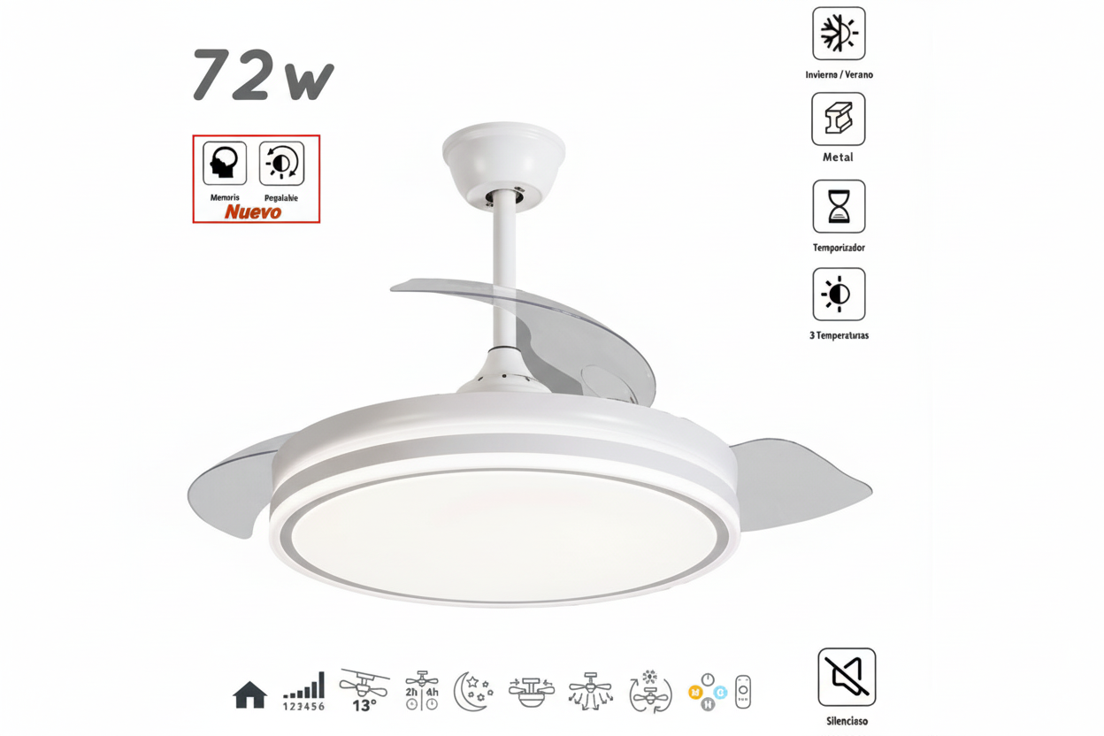 VENTILADOR DE TECHO HERCULES Ø107CM BLANCO DC 3 ASPAS RETRACTIL LED REGULABLE CCT (CALIDO-NEUTRO-FRIO) 72W CON MEMORIA