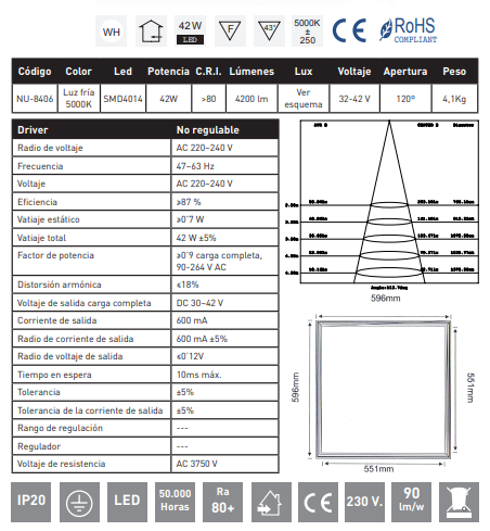 Panel para techo LED 60X60CM 42W 5000K Aluminio