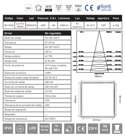 Panel para techo LED 60X60CM 42W 5000K Aluminio
