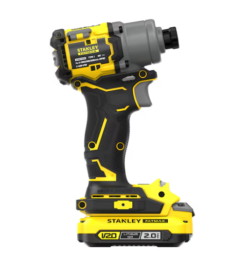 Vista lateral del atornillador Stanley Fatmax SFMCF830 V20 con batería 2 Ah