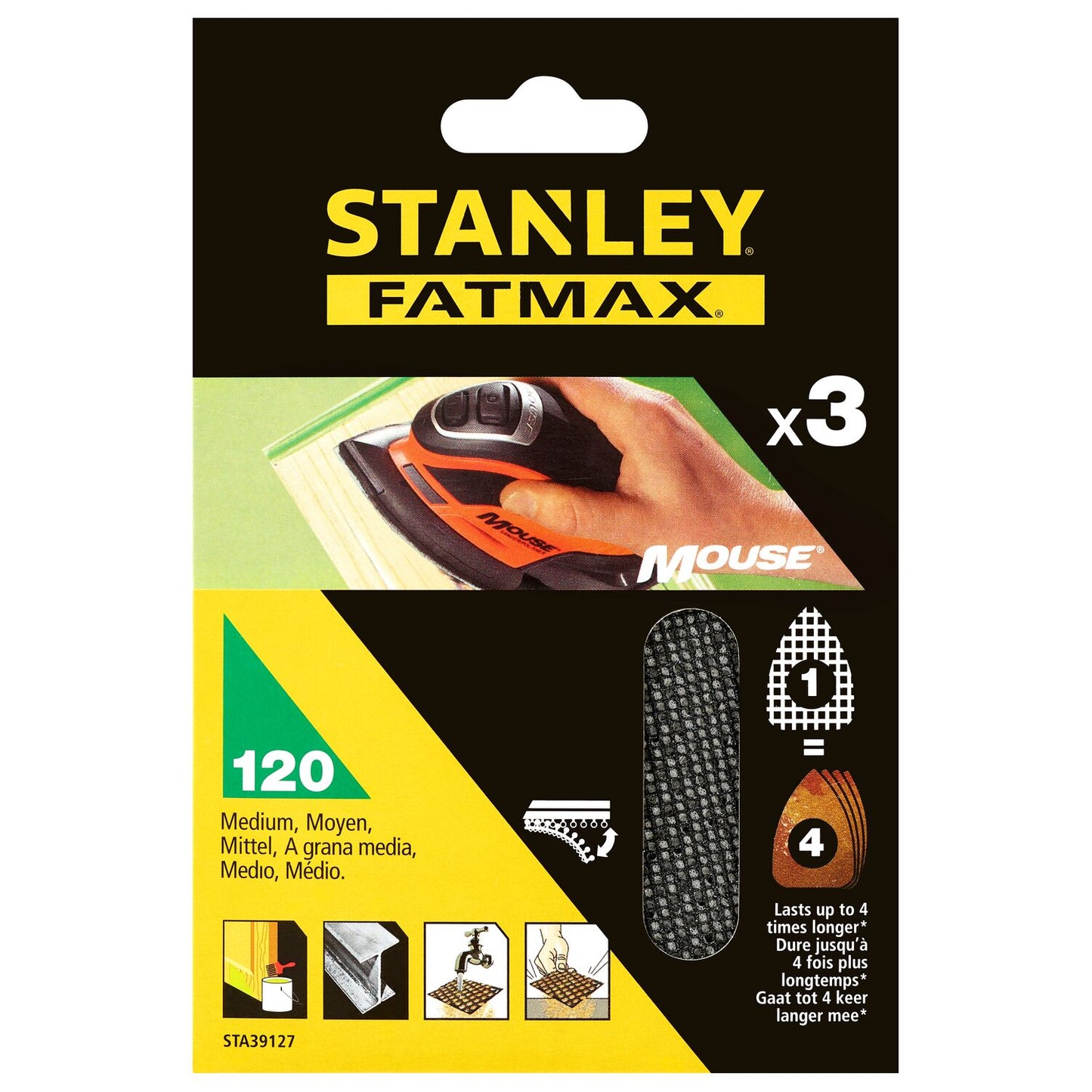 PACK DE 3 HOJAS LIJA CON VELCR0 PARA LIJADORA MOUSE STANLEY