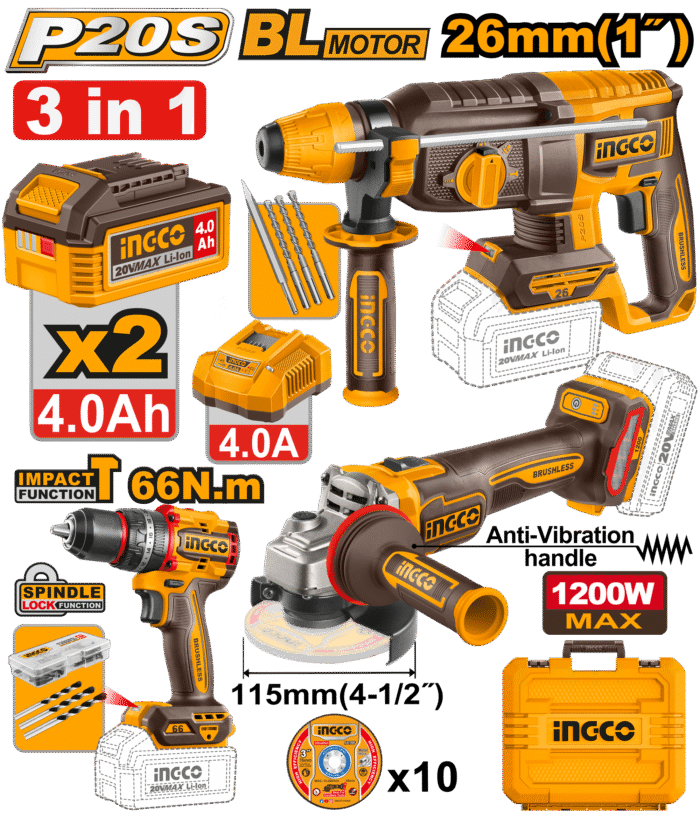 Kit INGCO CKLI202598E de tres herramientas con dos baterías de 4 Ah