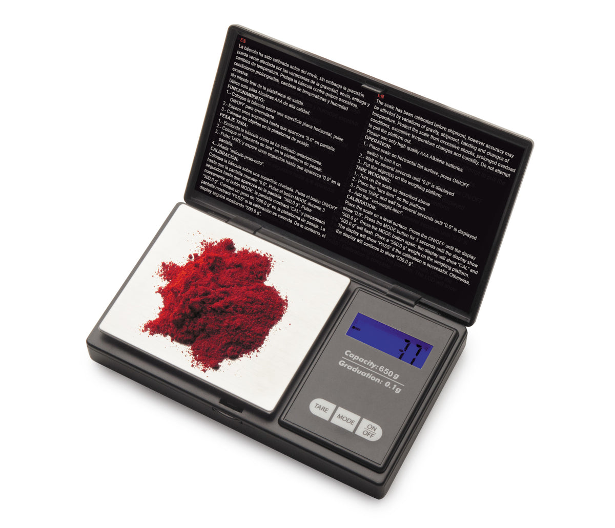 Báscula de bolsillo Lacor 61709 de 650 g y división de 0,1 g — vista abierta con pantalla y tapa