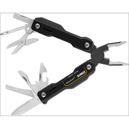 Multiherramienta DeWalt McLaren DWHT71844-9 abierta con alicates, tijeras, cuchillos y útiles desplegados