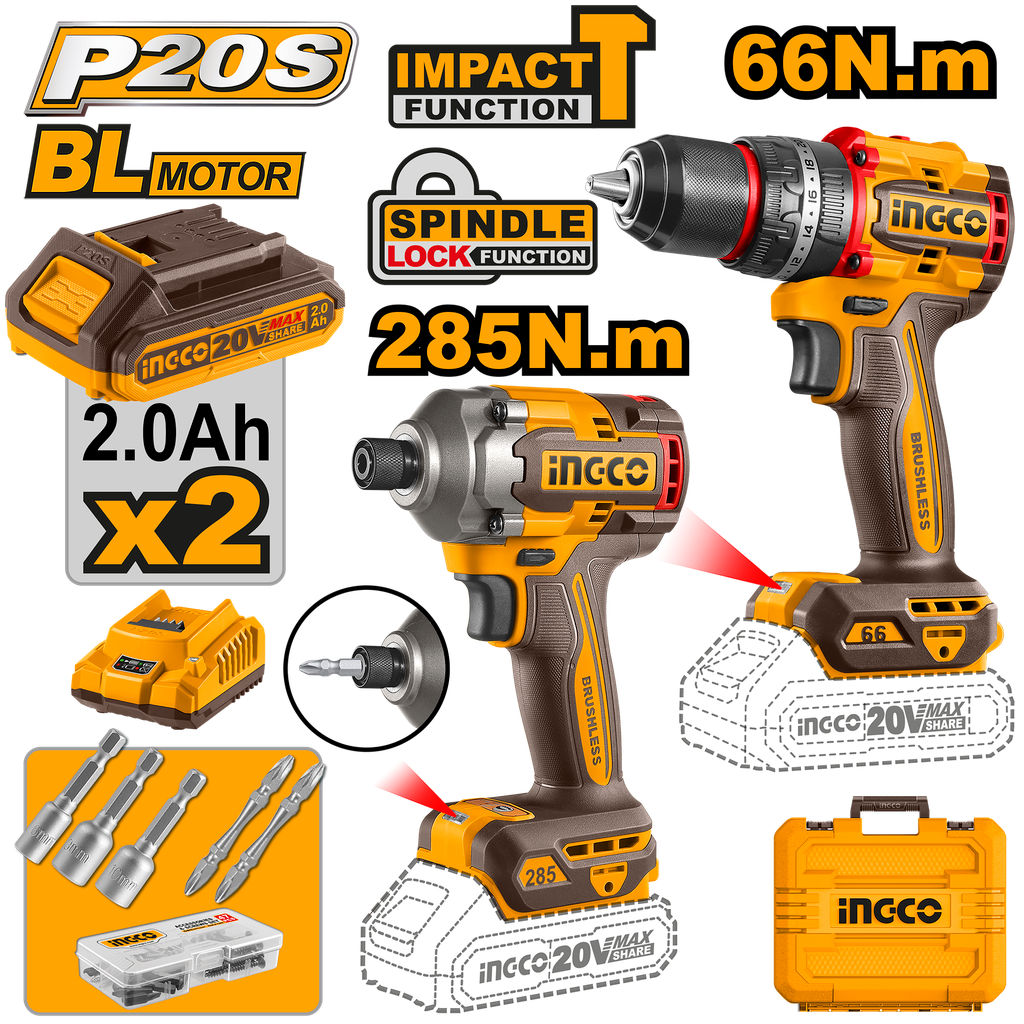 INGCO CKLI20277E — KIT 2 MAQ.  ATOR/ 66 Nm + LLAVE IMPACTO 285Nm
