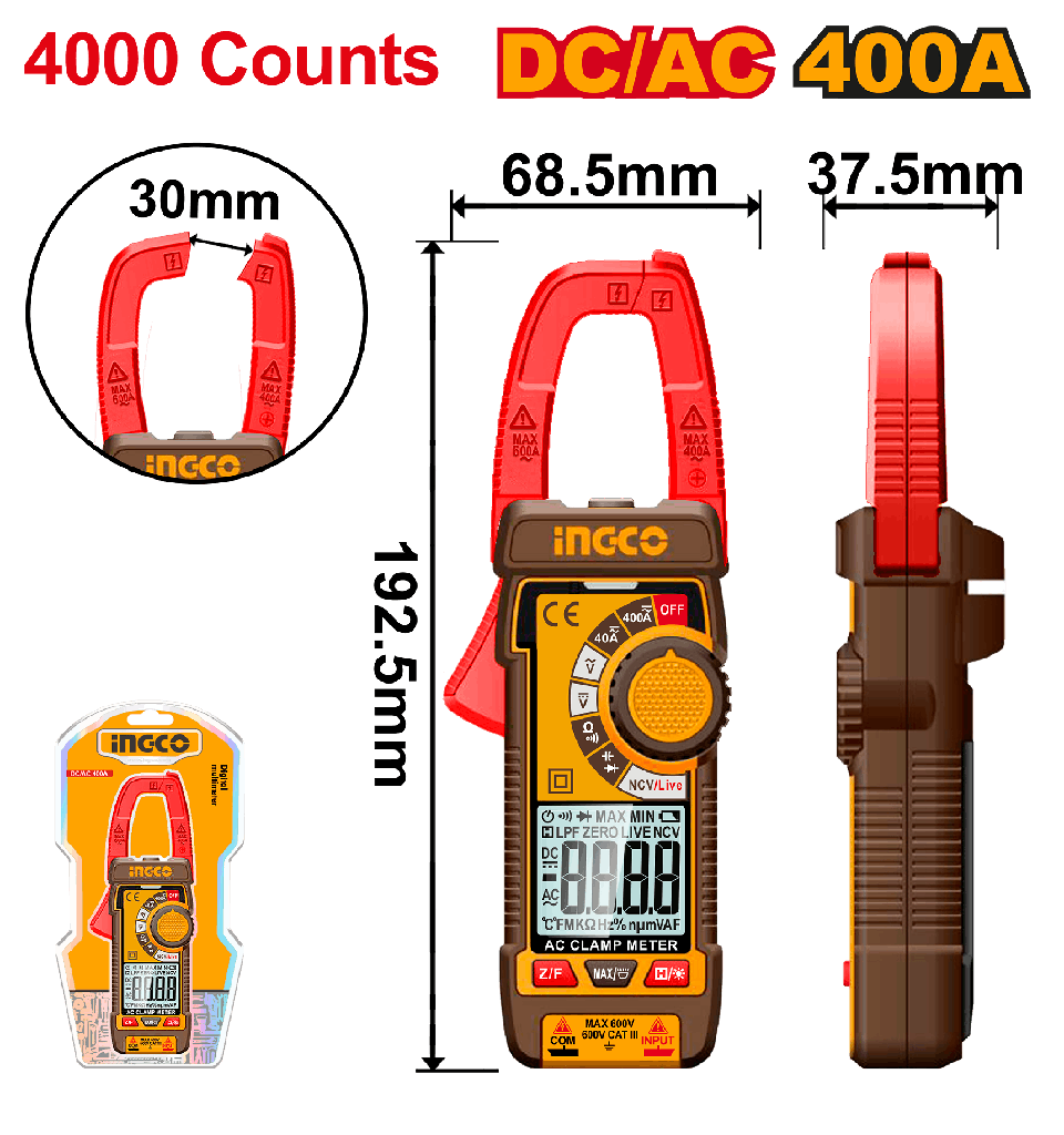 INGCO DCM62002 — PINZA AMPERIMETRICA CC/CA 400A