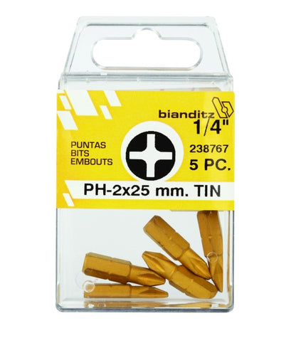 BLISTER PUNTAS TITANIO PHILLIPS 1/4" 25MM PH2 5PZ BIANDITZ