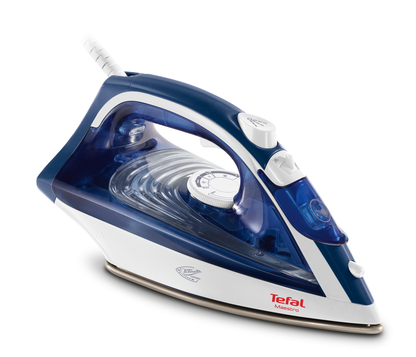 Plancha de vapor Tefal Maestro FV1845E0 azul y blanca, vista de tres cuartos